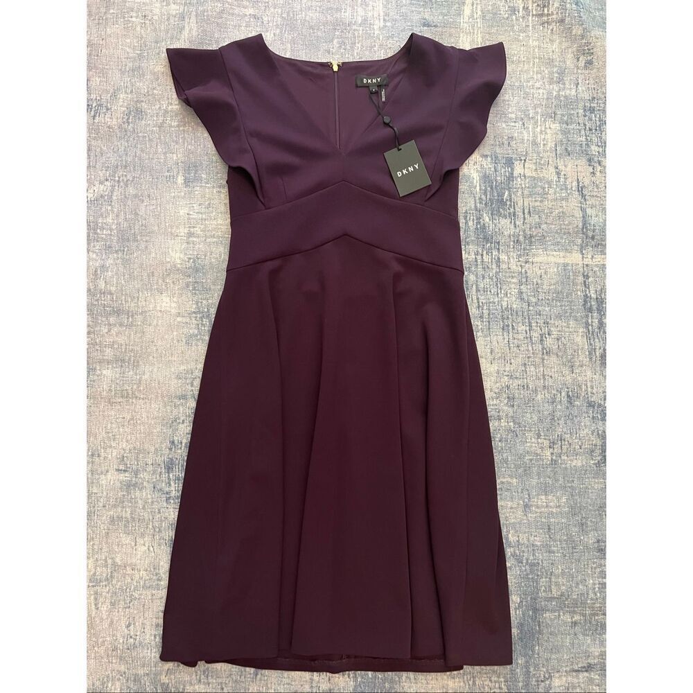 NWT DKNY Aubergine Purple V Neck Flutter Ruffle Sleeve Fit & Flare Dress Size 10